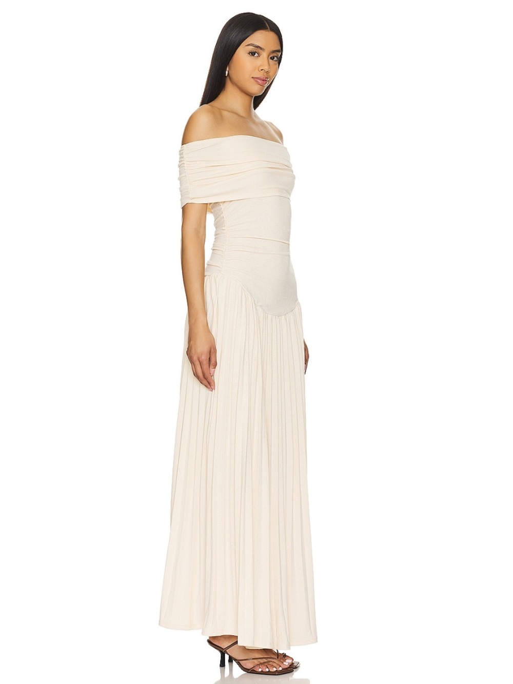 Lioness One-Shoulder Pleated Maxi Dress in Oatmeal